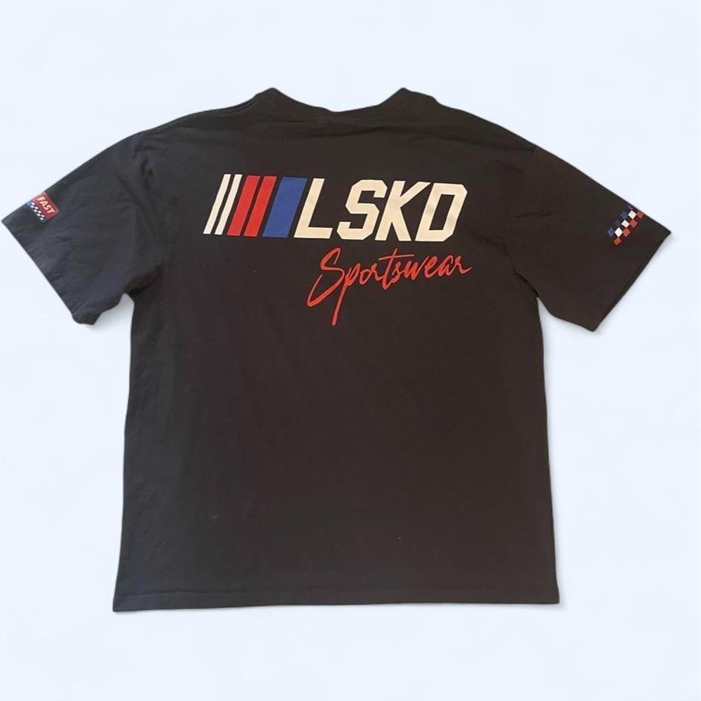 LSKD Sportswear dark gray t-shirt with white, red, and blue stripes size L
